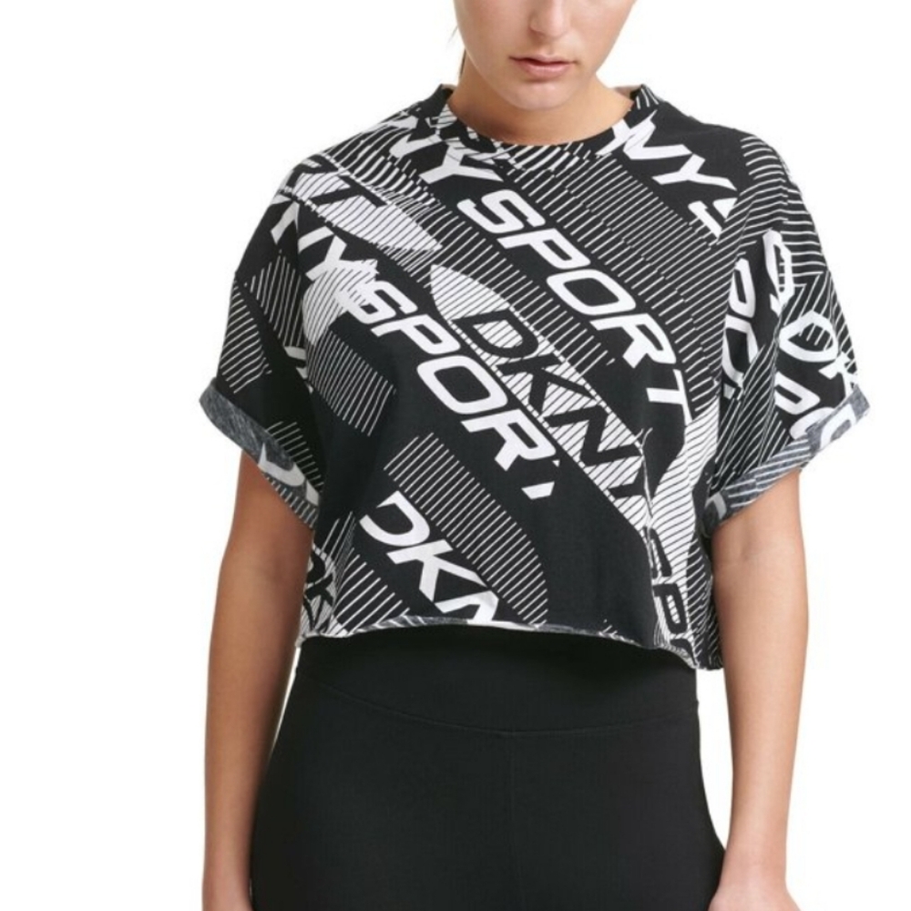 DKNY Women's Black Logo-Print Cropped Cotton Tee Shirt